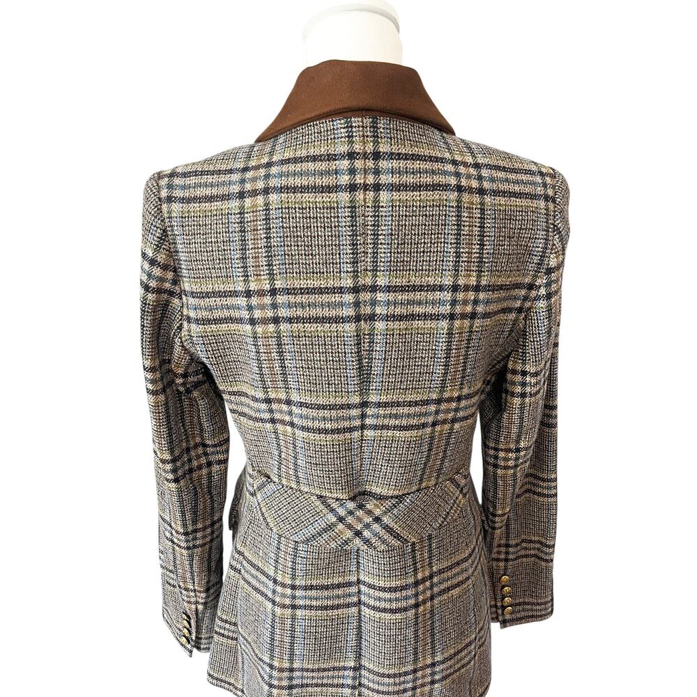NWT SMYTHE Patch Pocket Wedding Blazer Tan Plaid Gold Buttons Size 8 - Picture 10 of 12